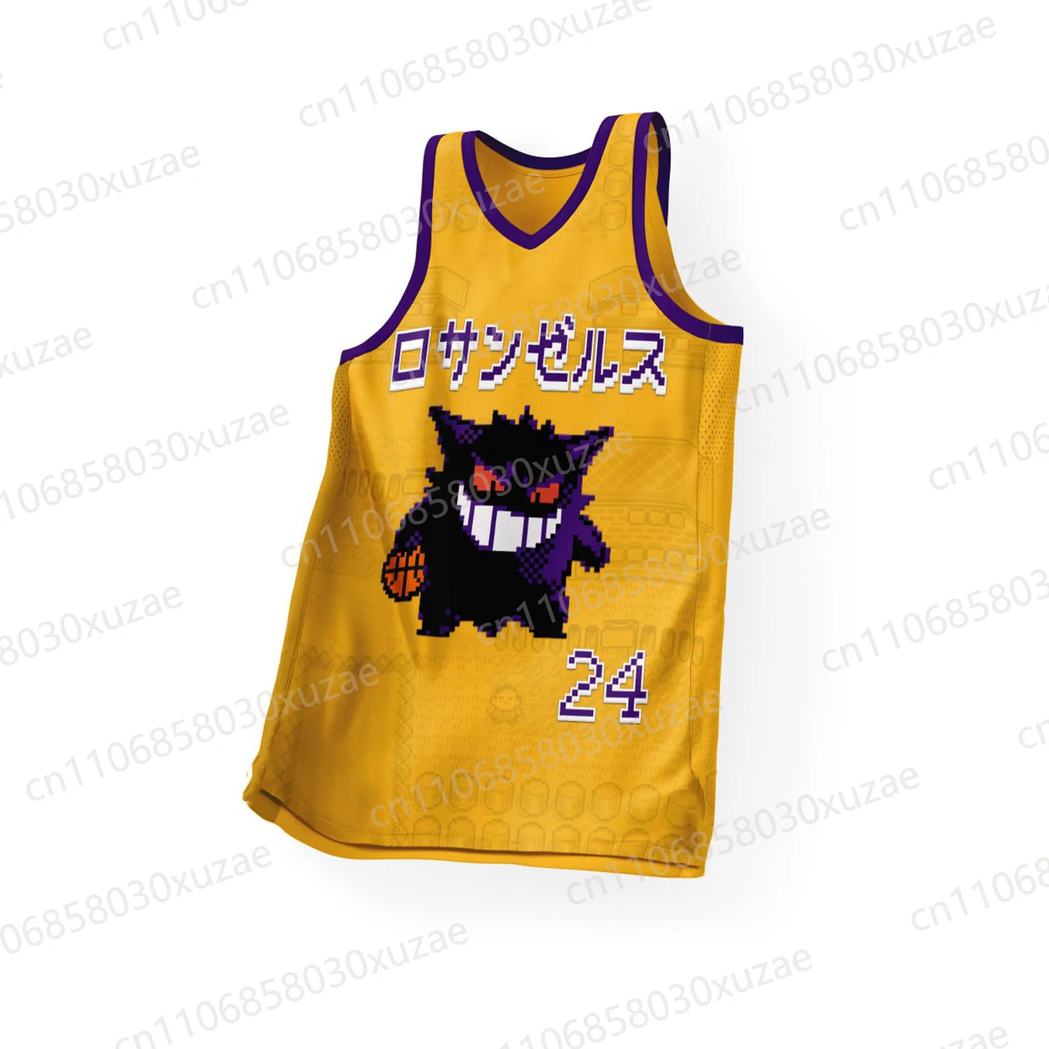 Camiseta Deportiva Retro de Anime con Gráfico de Gengar, Diseño Pixel Art de 24 Píxeles, Camiseta de Baloncesto Amarilla de Malla para Hombre