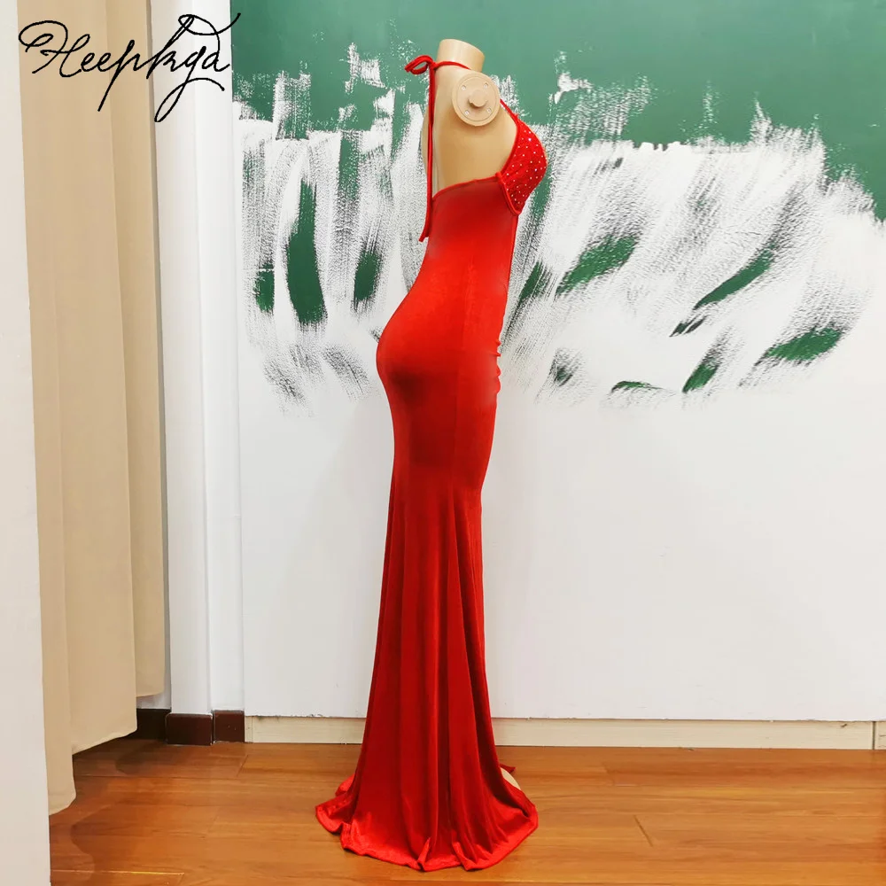 Red Mermaid Backless Velour Evening Dress Halter Front Split Crystals Lace Sexy Prom Party Gowns 2024 Wholesale Women Dresses