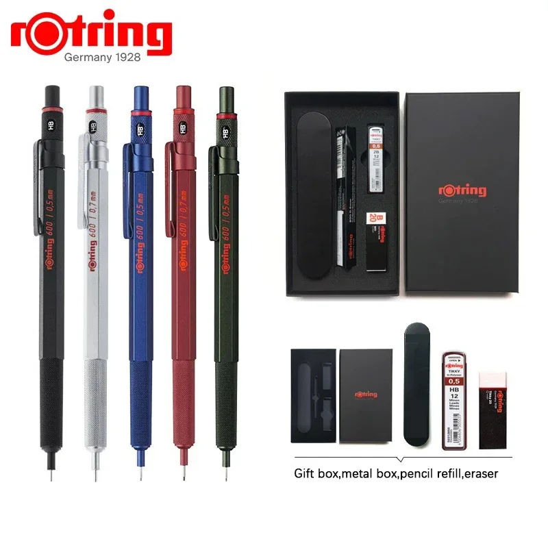 Rotring 600 Mechanical Pencils 0.5mm 0.7mm Professional Drawing Sketching Pens Metallic Body Hexagon Holder Art School Supplies