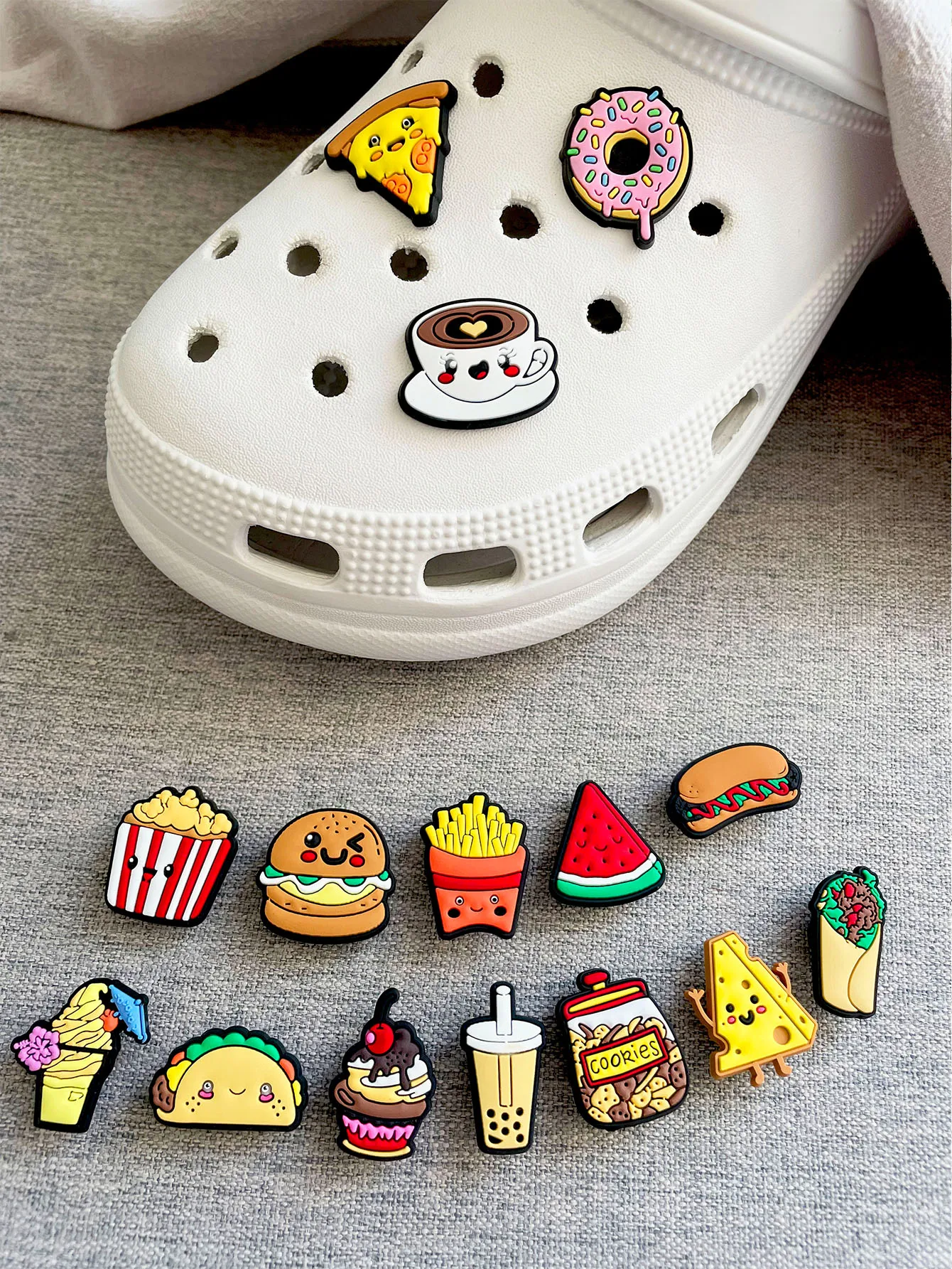 15Pcs Food Donut Series Shoe Charms For Shoe Key Chain Sandals Beach Bags, PVC DIY Shoe Decorations Accessories Shoes Pin