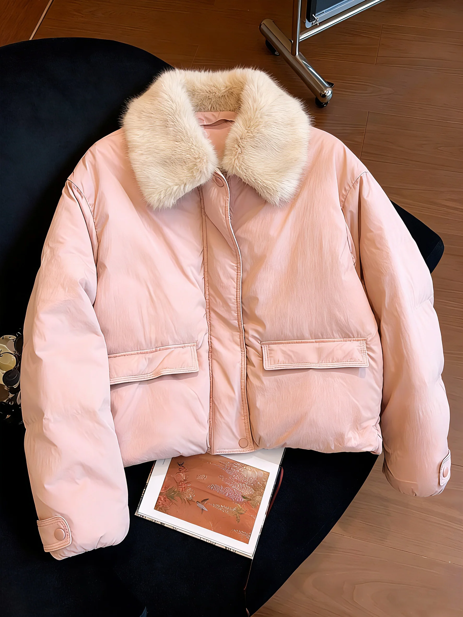 

Теплая хлопковая куртка с меховым воротником, повседневная, нежно-розовая, женская, осенне-зимняя, модная, универсальная, хлопковая одежда
