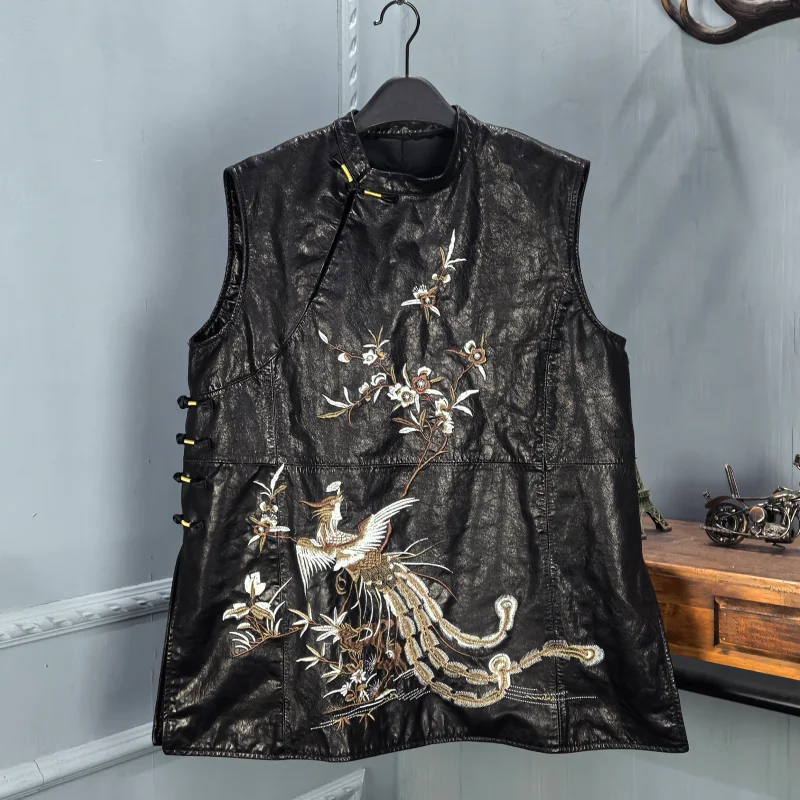 

Ранняя весна 2026, женский кожаный жилет с воротником-стойкой, китайская вышивка, масляный воск, кожаный джинт с длинным узором в виде птицы