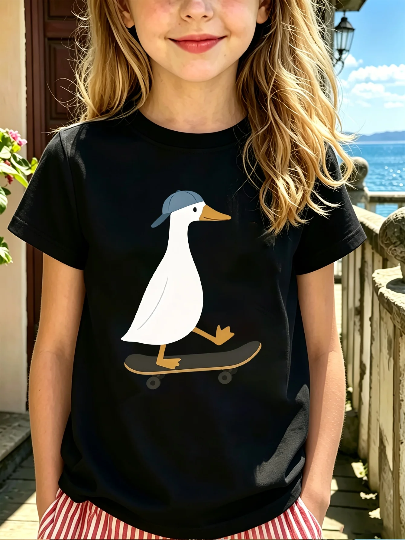 Family Matching T Shirt Kawaii Skateboarding White Duck Graphic Print Short Sleeve Cotton Tee For Boys Girls Kids Daily Wear