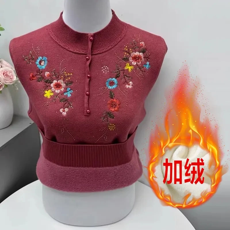 Mother's Winter Plush Thicken Sweater Elderly Women Embroidered Pullover Sweater Casual Large Size Knitted Jumper Feminia 5XL