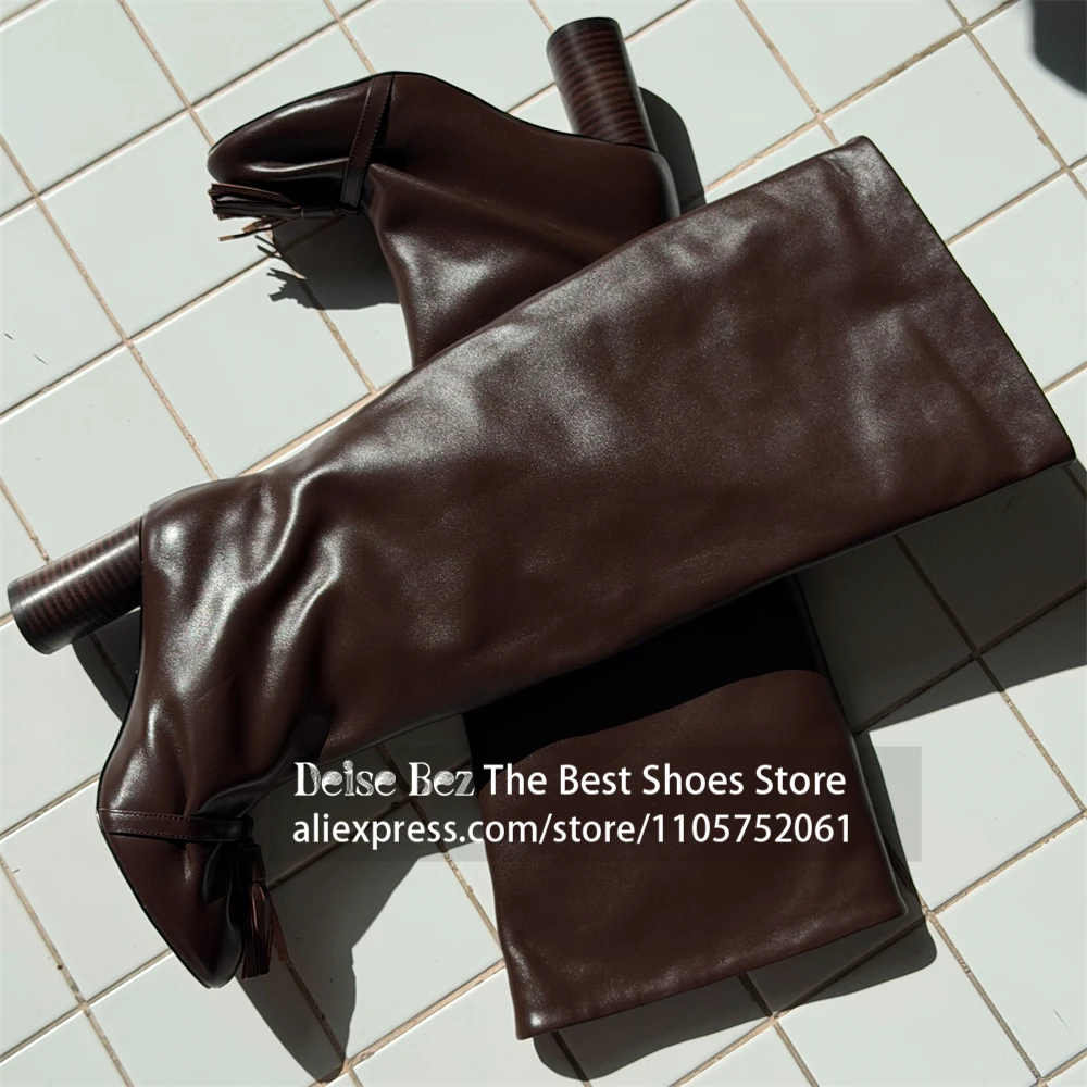 Slouchy Tassel Block Heel Knee High Boots Ruched Wide Shaft Fringe Round Toe Block Heel Boots Retro Style Women's Pleated Boots