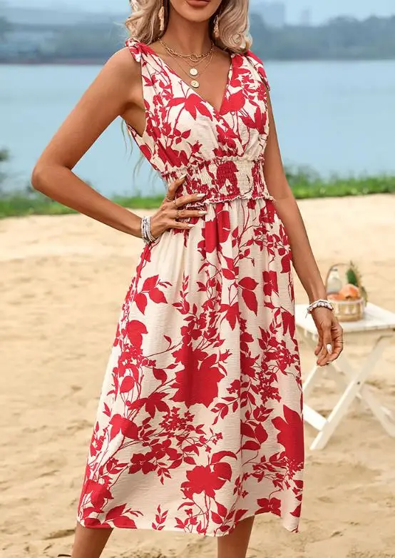 レディースドレス 夏休みスタイル ノースリーブ リボン付き レッド 花柄プリントドレス カジュアル ノースリーブ Vネック エレガント 海辺ドレス