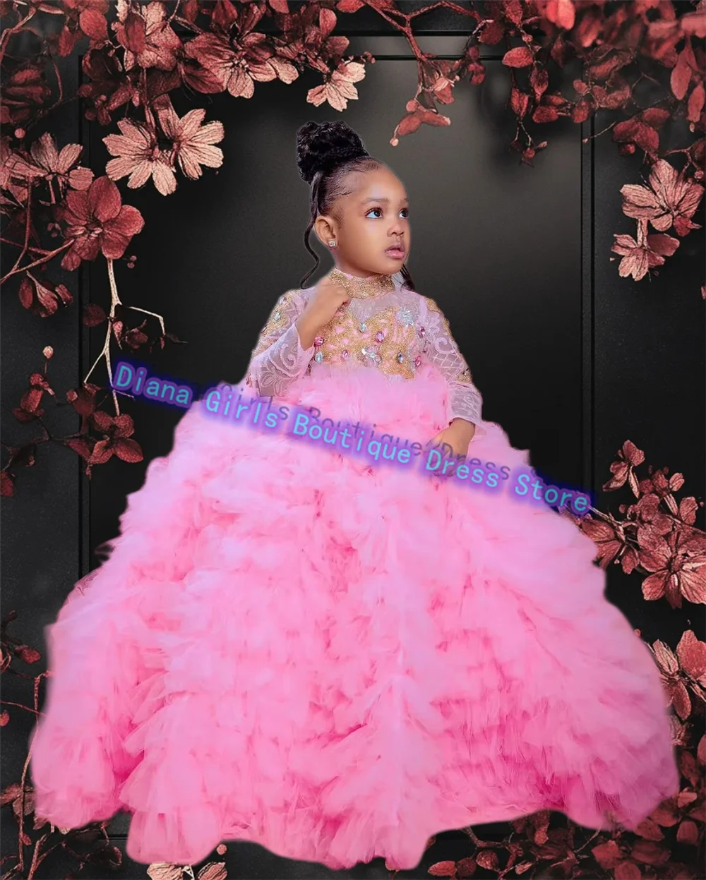 

Gorgeous Quality Flower Girl Dress Pink Tulle Gem Sequin Long Sleeve Fluffy Little Princess Birthday Party Ball Evening Gowns