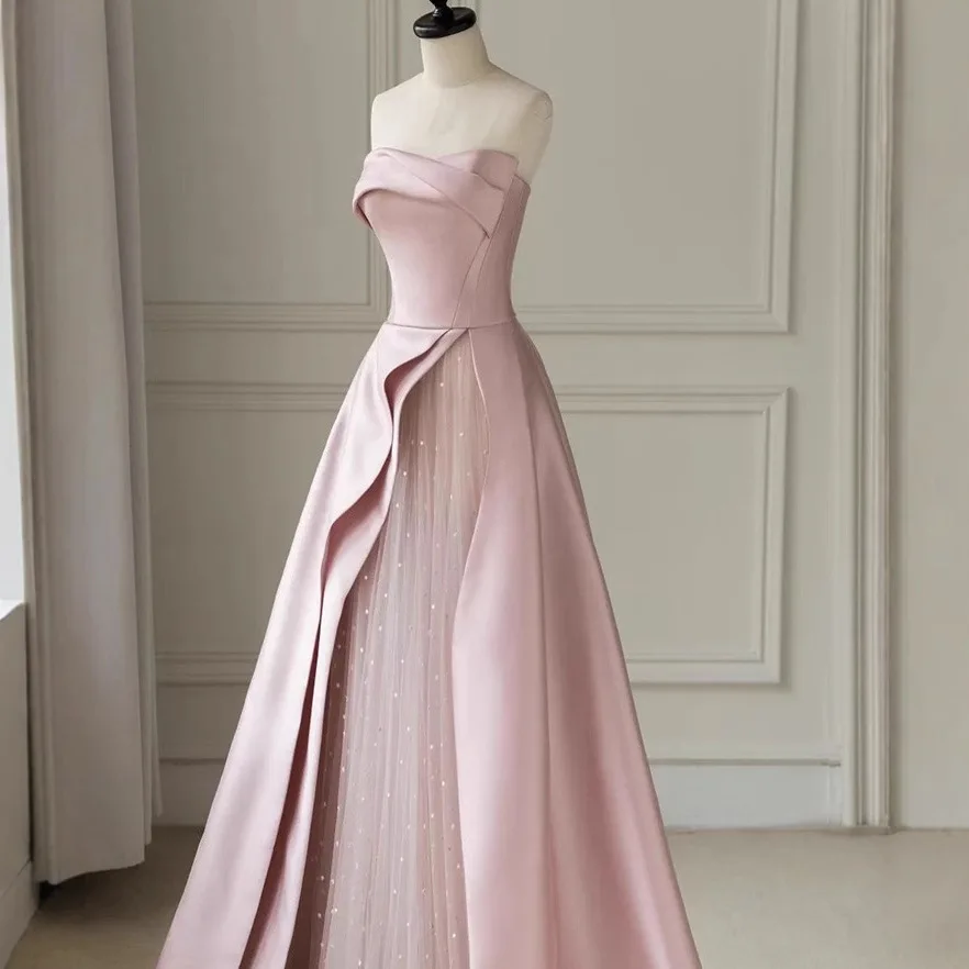 Vestido de noche sin tirantes rosa de moda 2025, nuevo compromiso nupcial, vestido de brindis de boda, vestido largo sin mangas para presentador de banquete