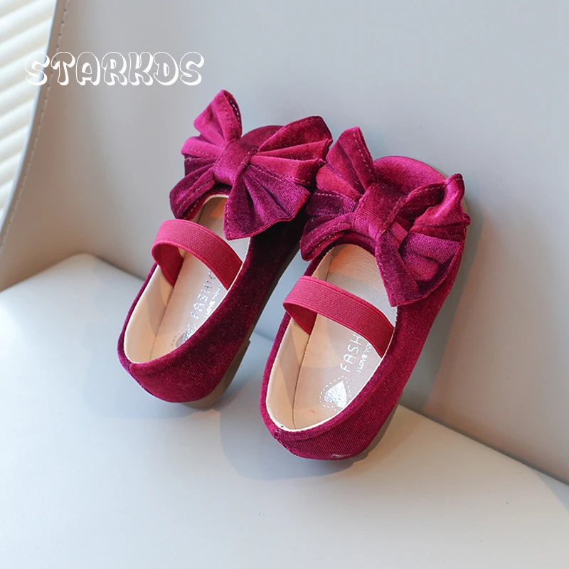 Cute Big Bowknot Velvet Ballet Flats Girls Fashion Red Mary Jane Shoes Baby Child Soft Sole Wedding Party Velour Dress Zapatos