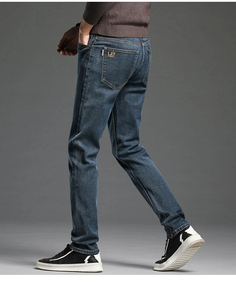 Vintage Classic Cotton Men\'s Casual Slim Jeans Stretch Straight Leg Versatile Fashionable Denim Long Pants Male Black Blue