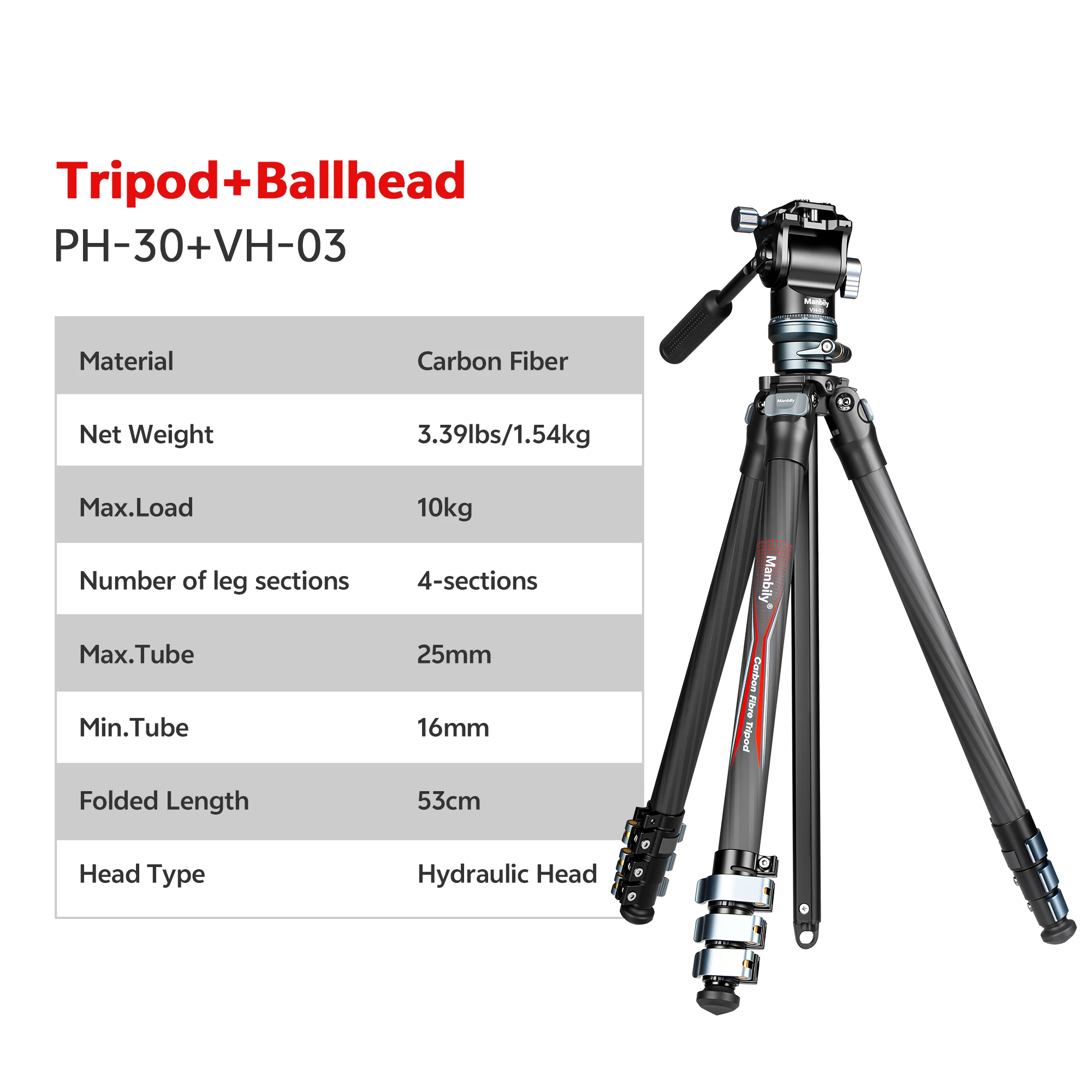 Manbily 53cm Lightweight Travel Tripod Carbon Fiber Camera Tripods with Ballhead for Outdoor Max.Load 10kg/22lbs