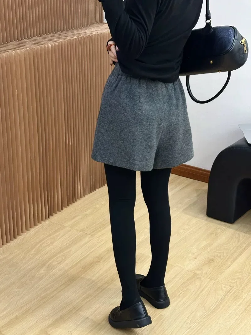 하이웨이스트 와이드 레그 울 팬츠 두 개의 버튼 한국 스타일 캐주얼 루즈핏 가을 겨울 신상 여성 바지