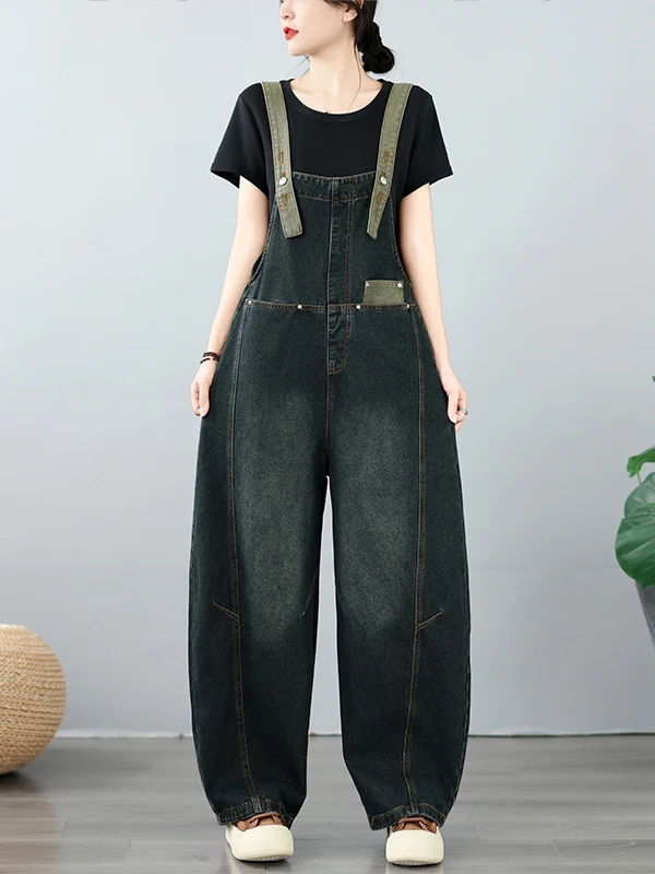 Early Autumn Color Block Denim Overalls Large Size Women's Casual Washed Knife  Jeans White Washed Casual Pants