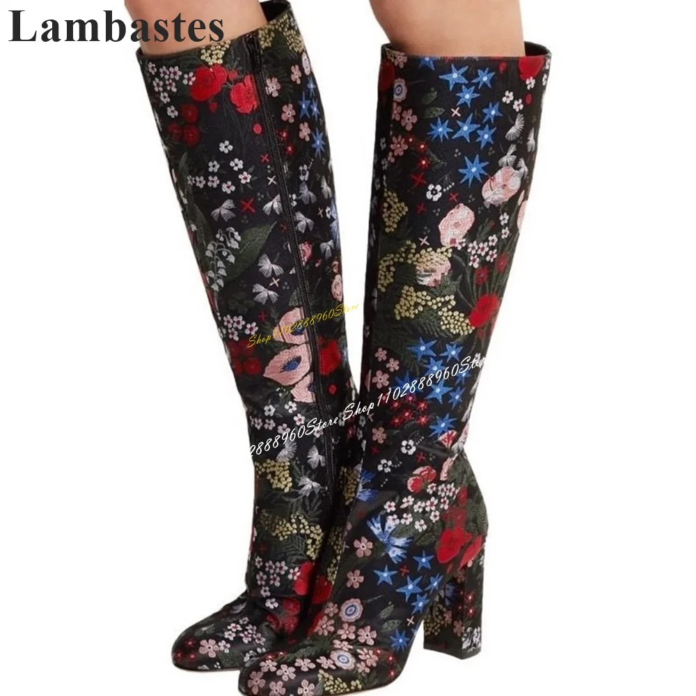 Knee High Mixed Color Flower Print Boots Chunky High Heel Shoes For Women Side Zipper Round Toe 2024 Fashion Zapatillas Mujer