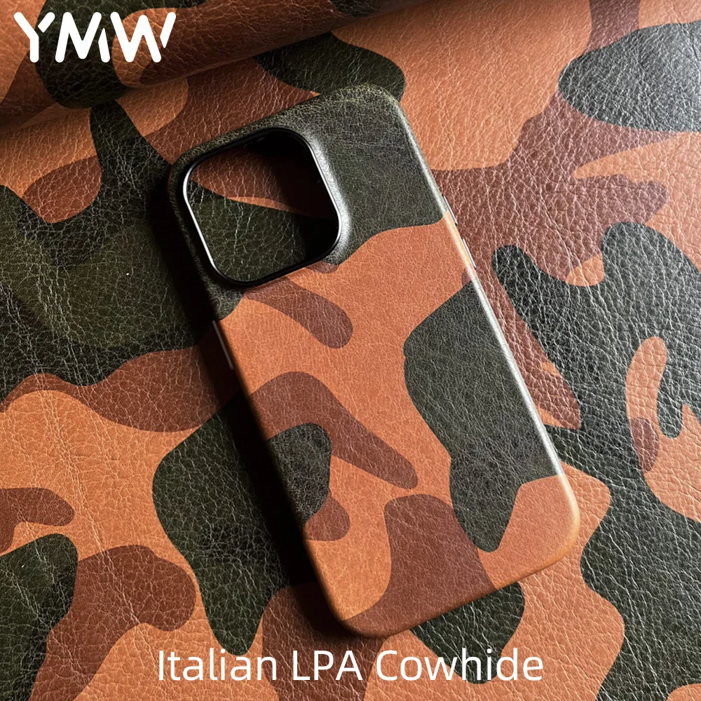 

YMW Italian Camo Genuine Leather Case for iPhone 13 14 Pro Max Personality Cowhide Magnetic Phone Cover