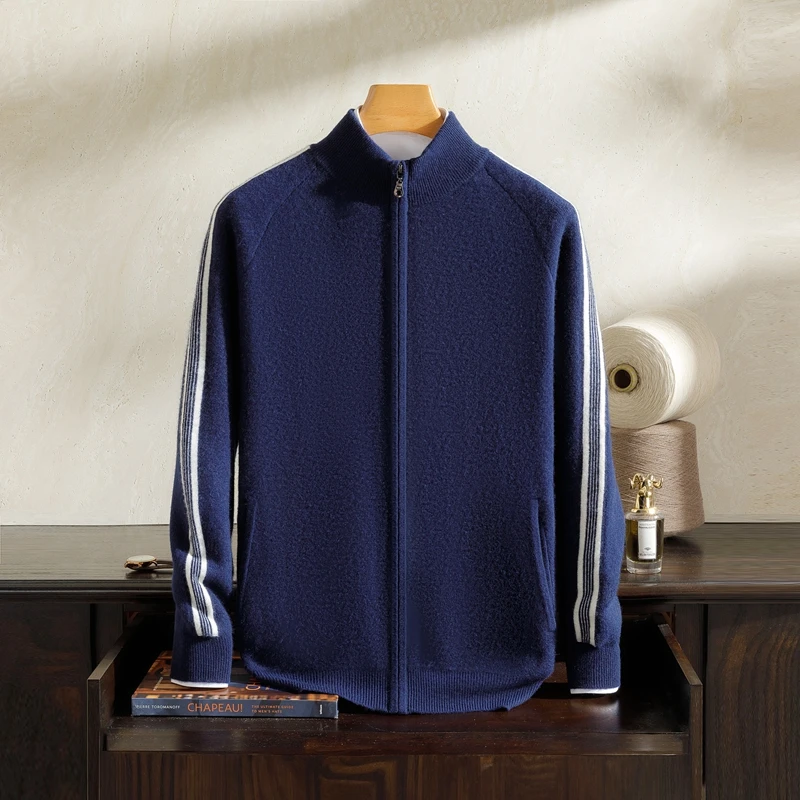 MVLYFLRT Men's A-Class 100% Pure Goat Cashmere Cardigan Zipper Knitted Casual Loose Jacquard Sweater Winter Thick Warm Coat