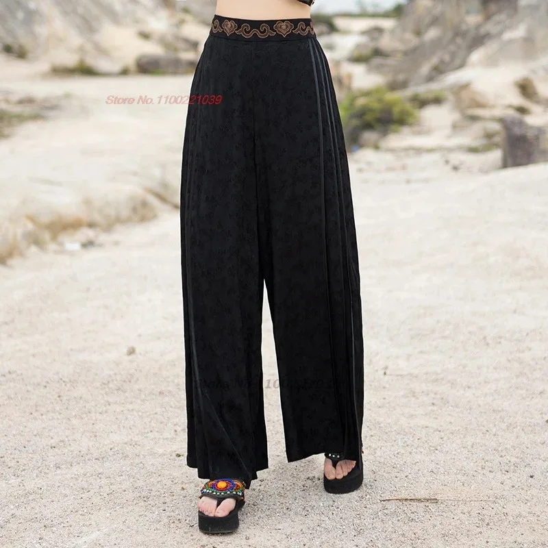 2025 chinois vintage taille élastique pantalon national satin jacquard folk pantalon femmes traditionnel jambe large pantalon ethnique pantalon