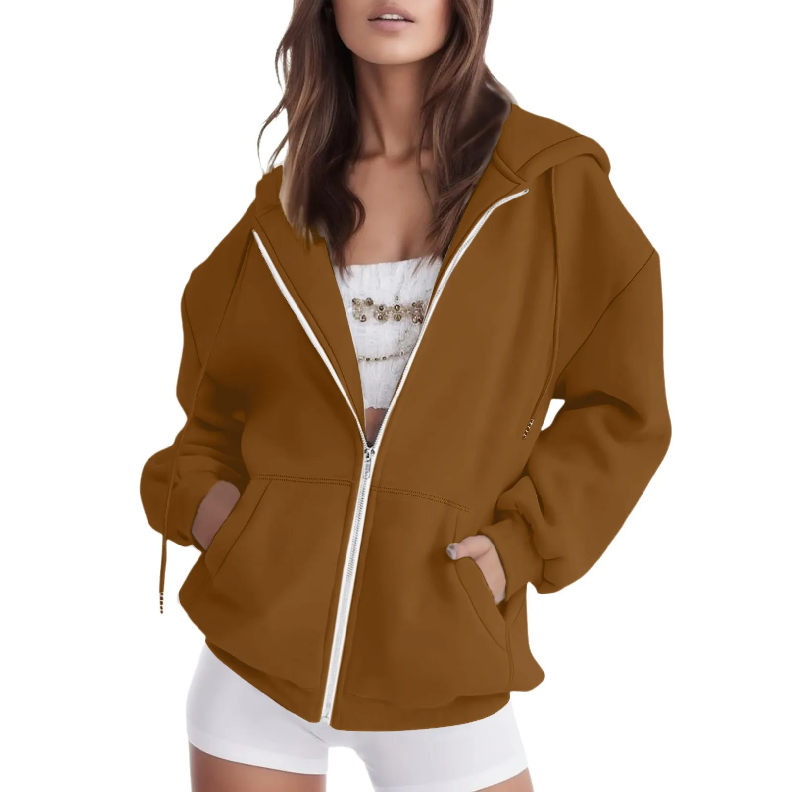 Sudadera con capucha de talla grande para mujer, abrigo informal de manga larga con cremallera, sudadera de punto con bolsillo, Tops de lana con cremallera, chaquetas de Color sólido