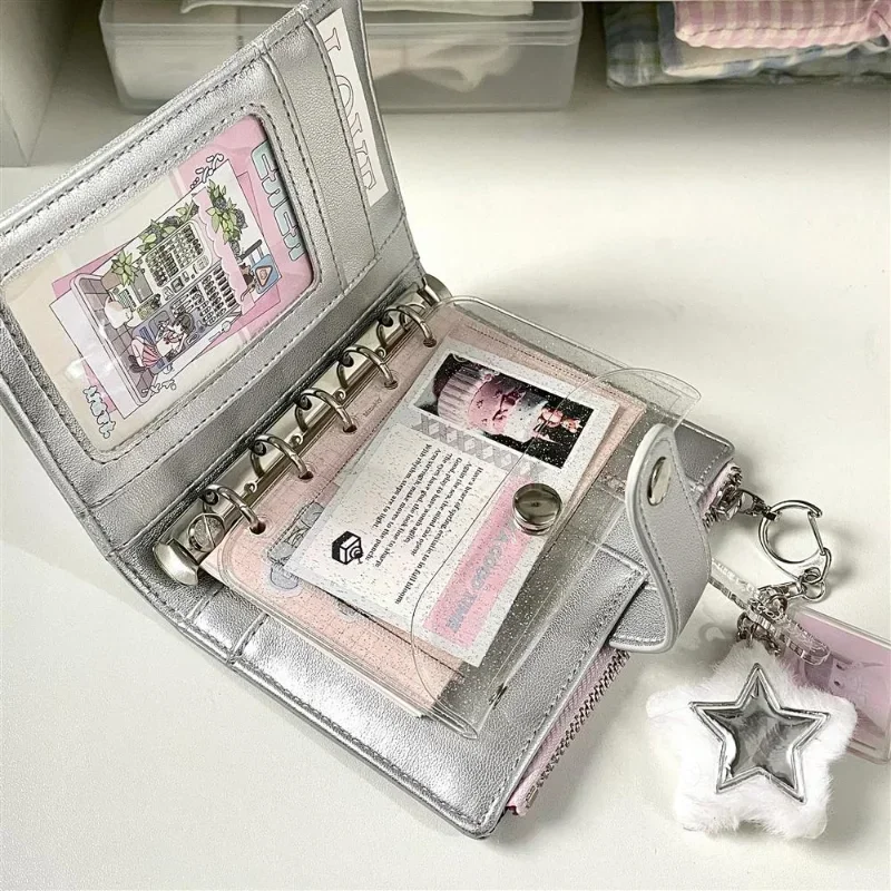 1Pcs Silver Small Notebook Soft Leather Girls Portable Card Holder Student Binder M5 Notepad Simple Ins Style Flipbook