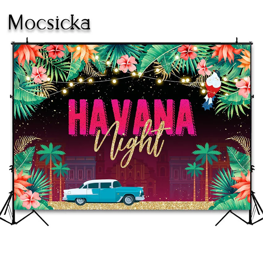 Mocsicka Havana Nights Backdrop for Birthday Tropical Nights Adult Party Decor Nostalgic Car Under Palm Tree Photo Background