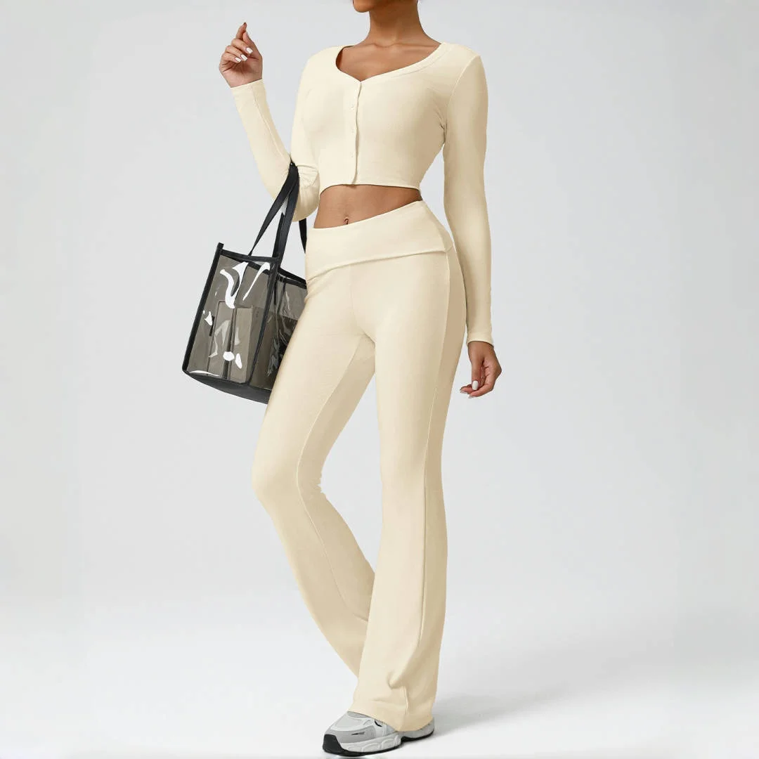 

Yoga Set Sports Fitness Peach Hip Flared Pants Slimming V-Neck Long Sleeve Fitness Outfit Outdoor Running Pants Set for Women