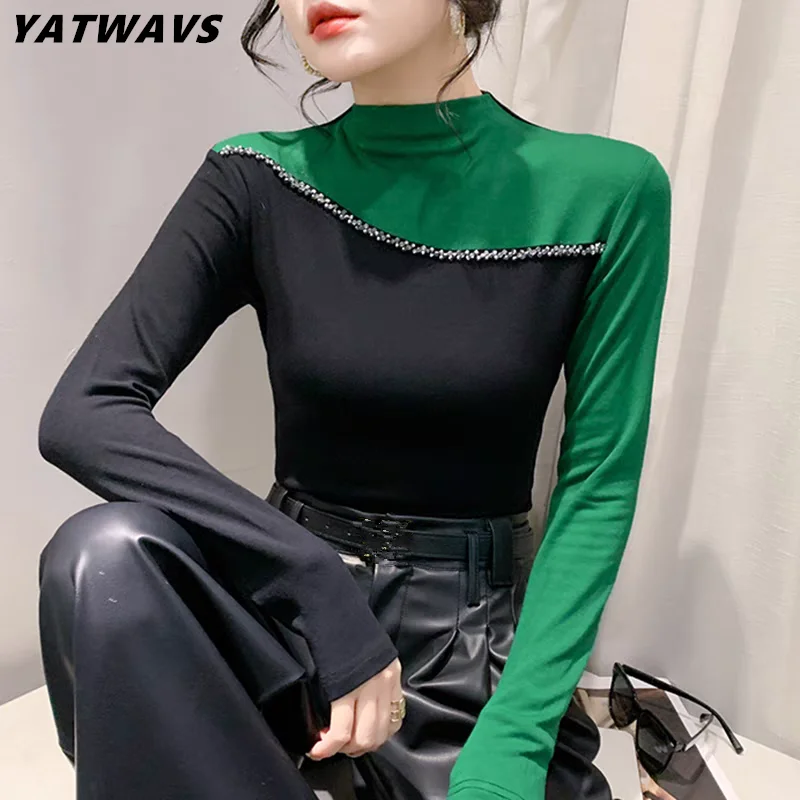 

New Fashion Sexy O-Neck Women T-Shirt Clothes Elegant Contrast Color Patchwork Chic Beading Tops Long Sleeve Thicken Tees Blouse