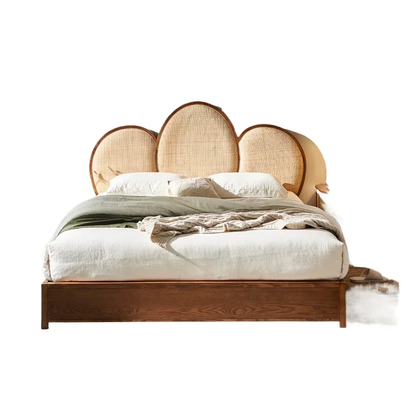 Wabi Sansi wind rattan solid wood bed retro 1.5m single bed home bedroom ins creative 1.8m double bed