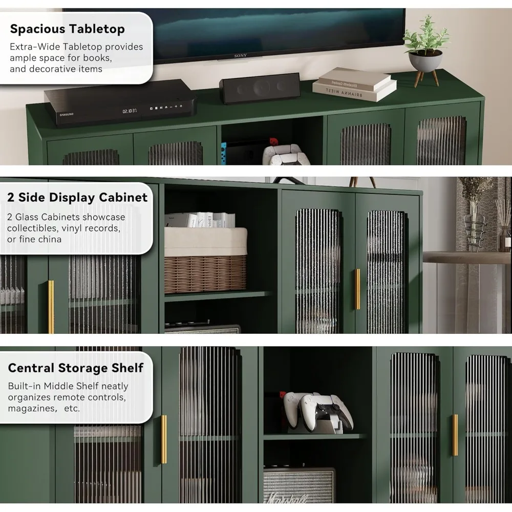 حامل تلفزيون أخضر مقاس 65 بوصة لأجهزة التلفاز حتى 70+ بوصة، طاولة وحدة تحكم تلفزيون بباب زجاجي حديث لمنتصف القرن، مركز ترفيه مع مساحة تخزين #4
