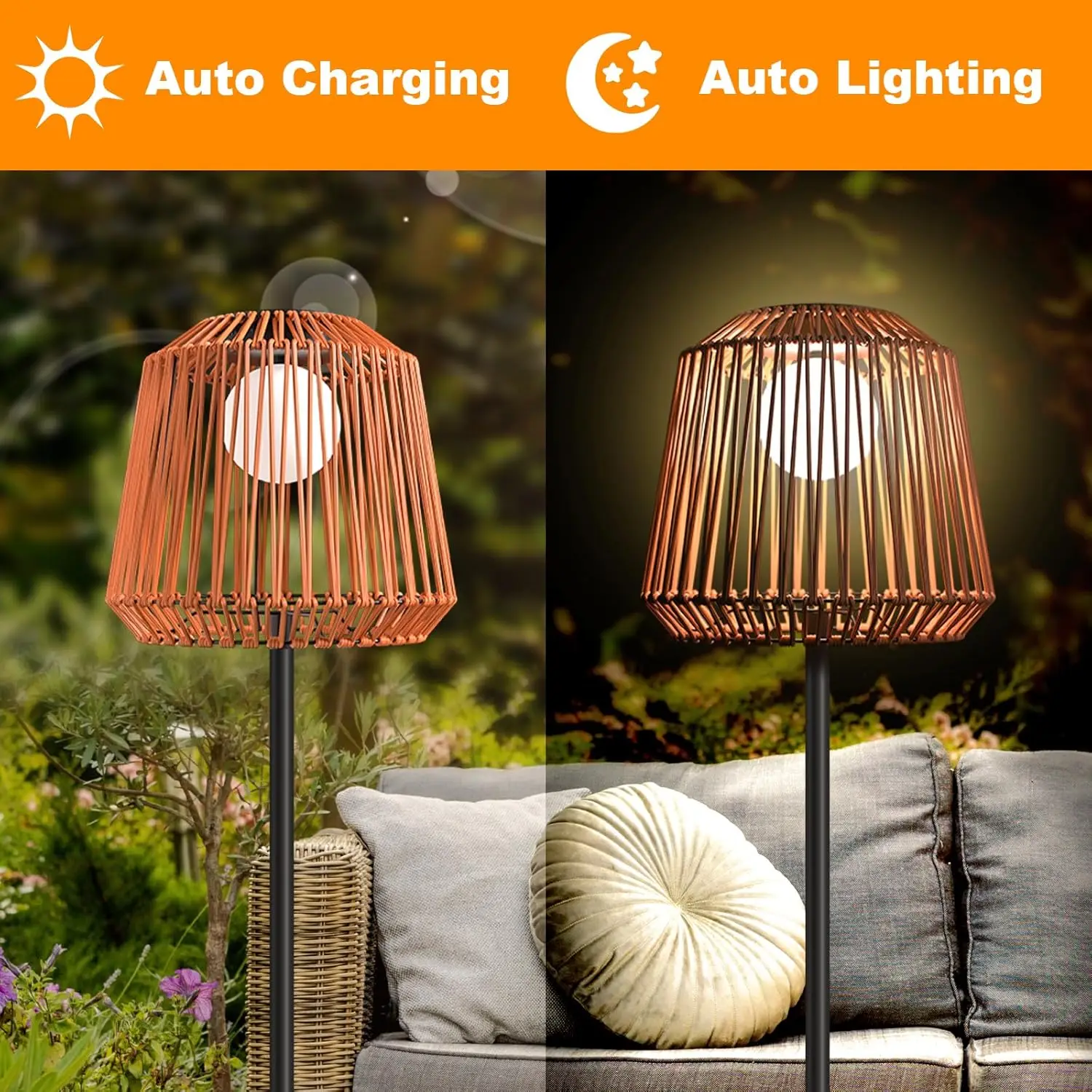 Outdoor Solar Floor Lamp, Garden Rattan Wicker Light, Metal Pole & Base, Waterproof Yard Decor