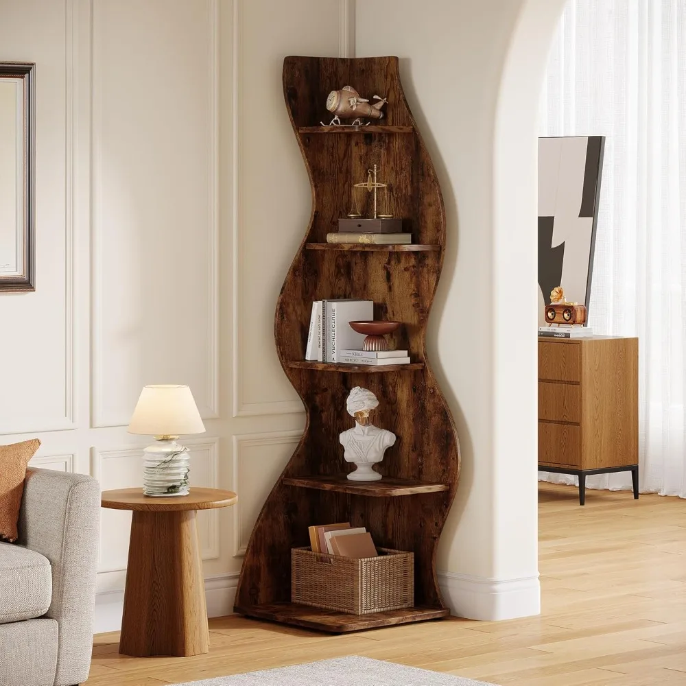 Contemporary 5-Tier Wavy Corner Bookshelf, Curved Design Plant Stand and Display Rack for Living Spaces and Compact Spas