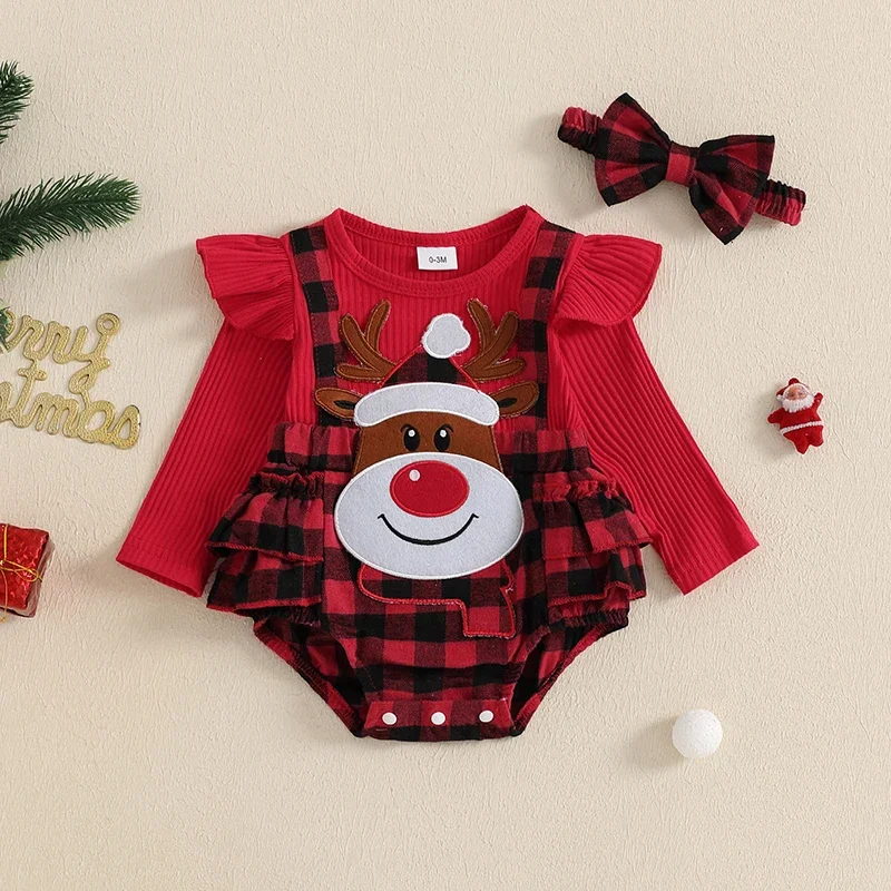 

0-18 Months Baby Girls Christmas Outfit Long Sleeve Crew Neck Cartoon Deer Plaid Bodysuit and Headband Fall Clothes