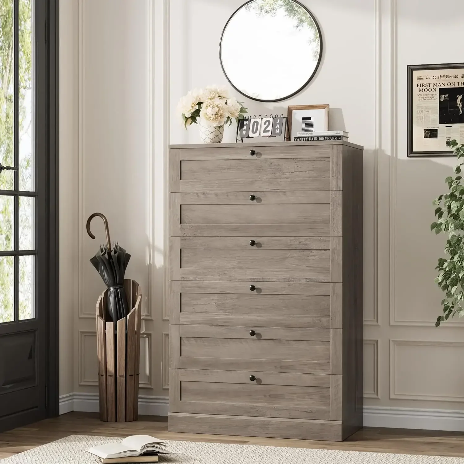 Vertical 52 Inch Tall 6 Drawer Wood Chest 29 Inch Wide Storage Cabinet For Bedroom Living Room Entryway Hallway