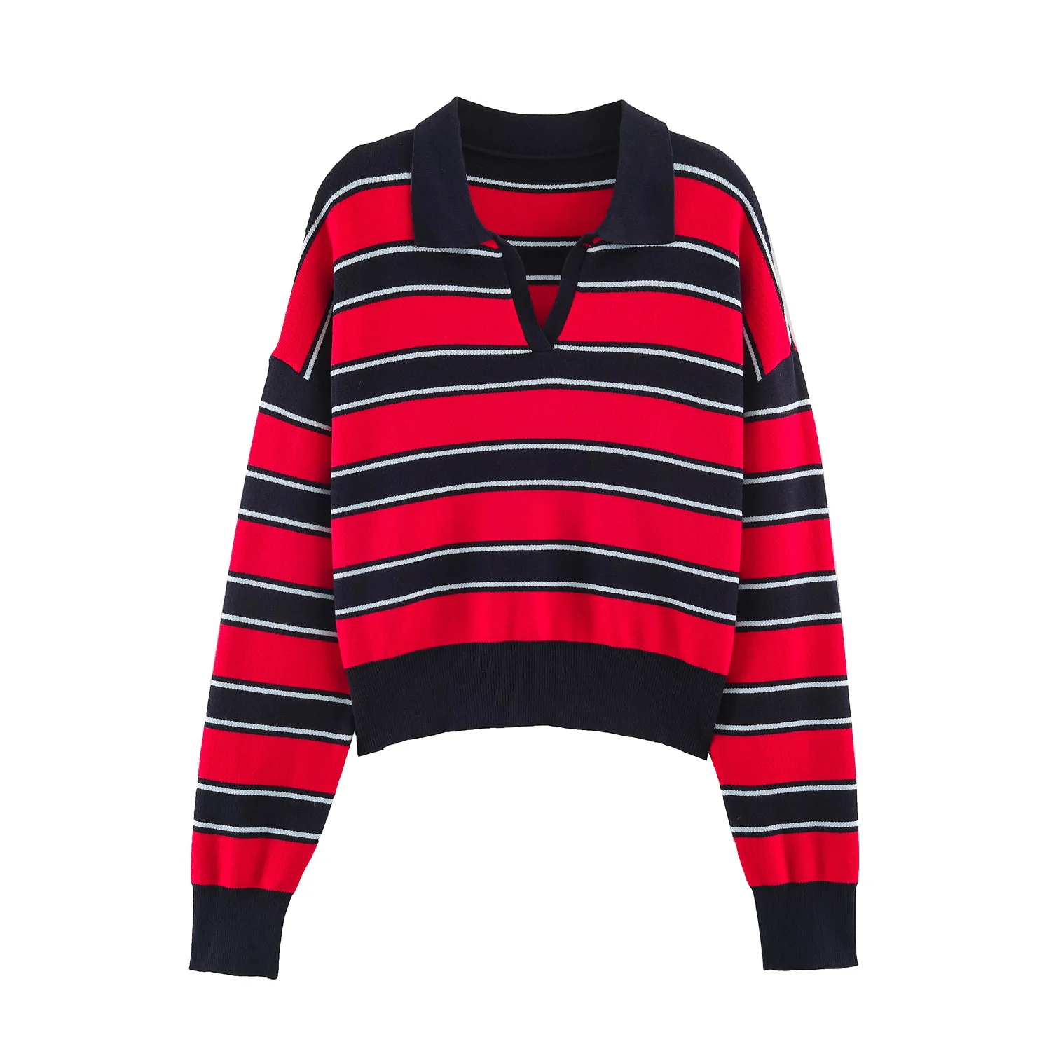 2026 Spring Autumn Women's Elegant Chic Loose Lapel Striped Knitted Pullovers Lady Vintage Warm Polo Oversized Short Sweaters