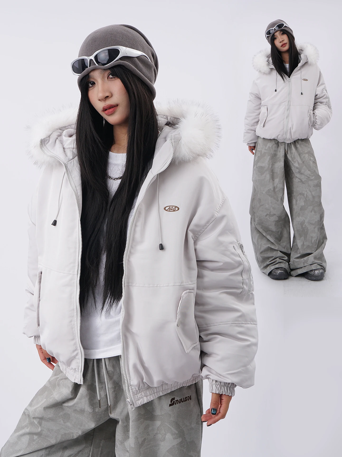 

Thiened Winter Puffer Jaet Women's Street Sle Loose Fit Long Sve Hooded Coat with Big Fur Collar Workwear Parka