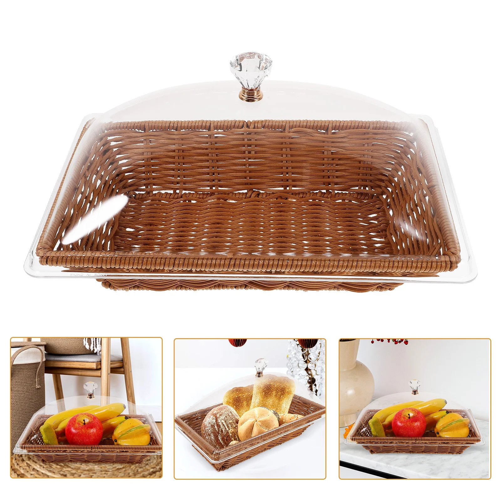 

1 set 1 Set Food Storage Basket Imitation Rattan Woven Design With Clear Acrylic Lid For Bread Fruits Snacks Kitchen Pantry