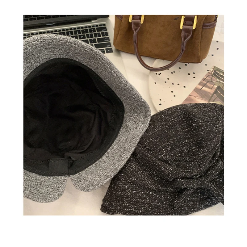 Otoño Invierno estilo francés Hepburn mujeres salida todo fósforo Retro sombrero de Panamá Bowknot sombrero de cubo ancho ala plegable sombrero de copa plana