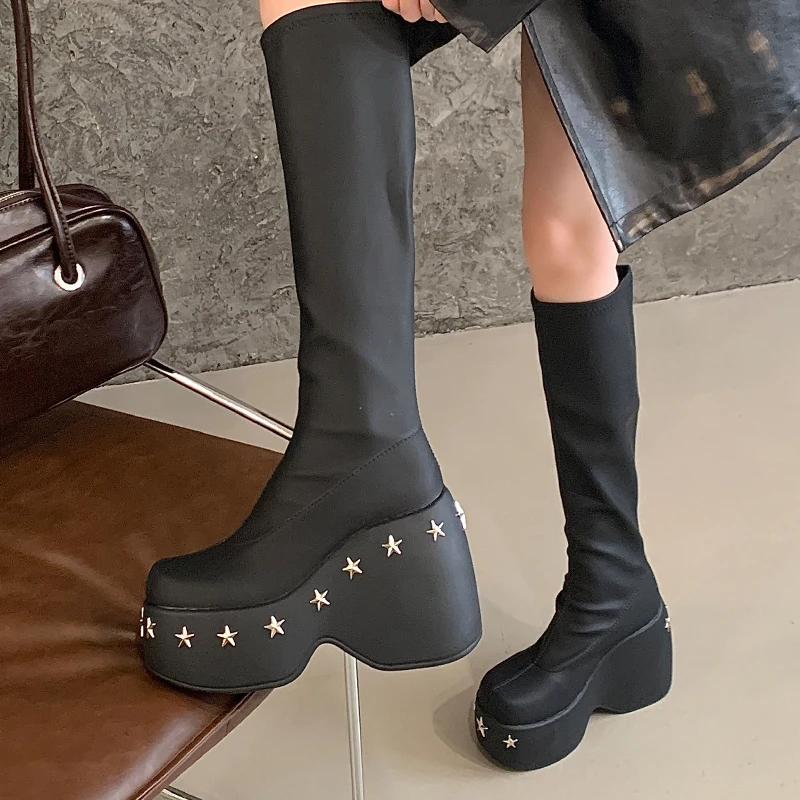 

Black Women Gothic Style Platform Ankle Boots Walking Comfy Shoes Sexy High Heels 11cm Round-toe Platform Thick-soled Boots