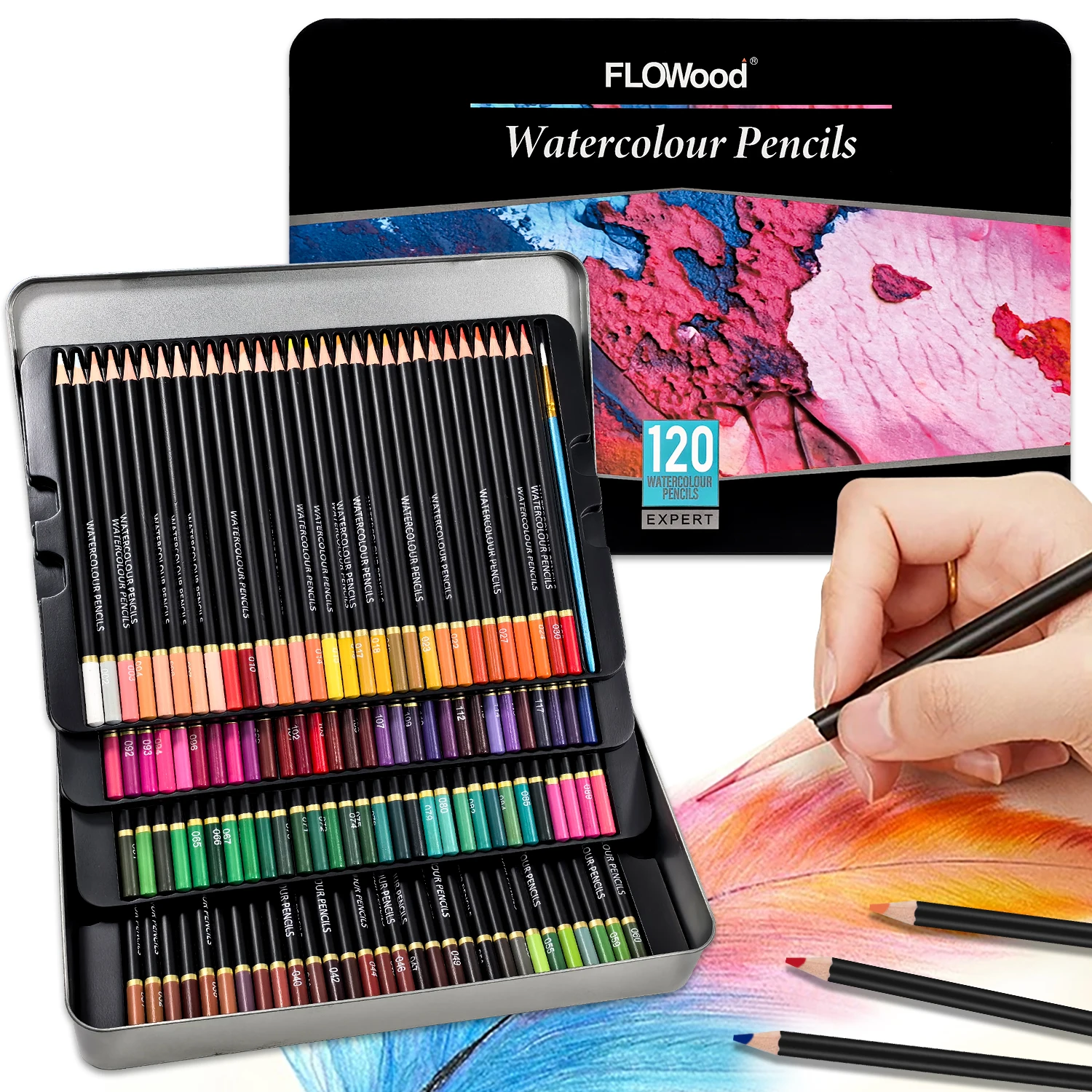 Lápices de acuarela/color, juego de 120 lápices de colores profesionales para adultos, para colorear, mezclar y capas (caja de estaño)