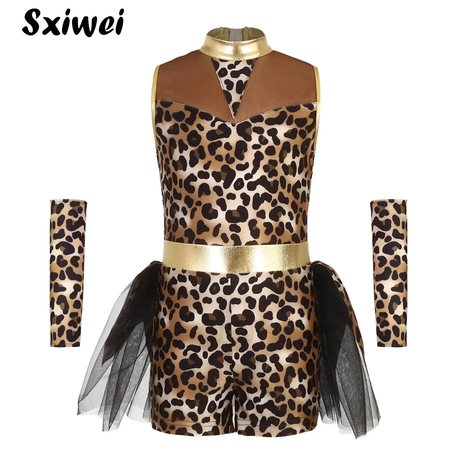 

Halloween Prehistoric Cave Stone Costume for Girls Primitive Caveman Cosplay Leopard Print Metallic Glossy Jumpsuit with Gloves