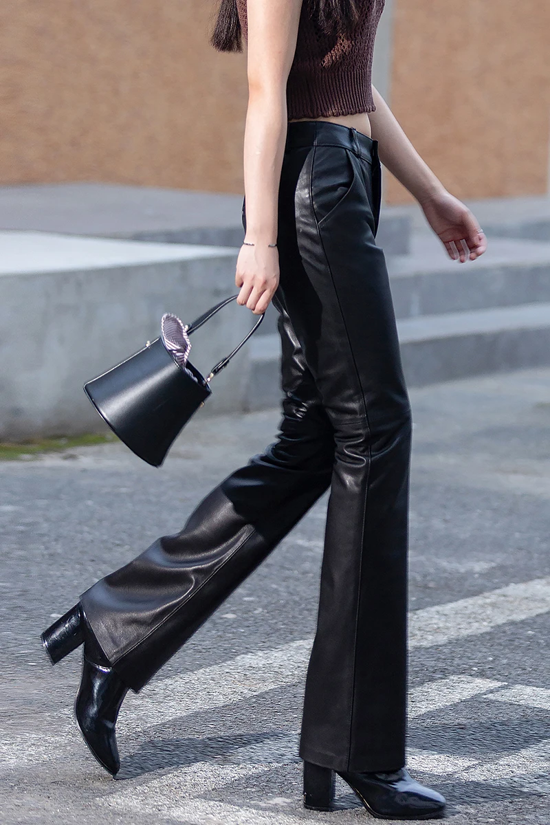 Autumn Winter Women\'s Real Leather Trousers 2023 New Female High Waist Slimming Sheep Skin Micro Flared Trousers Casual Pants