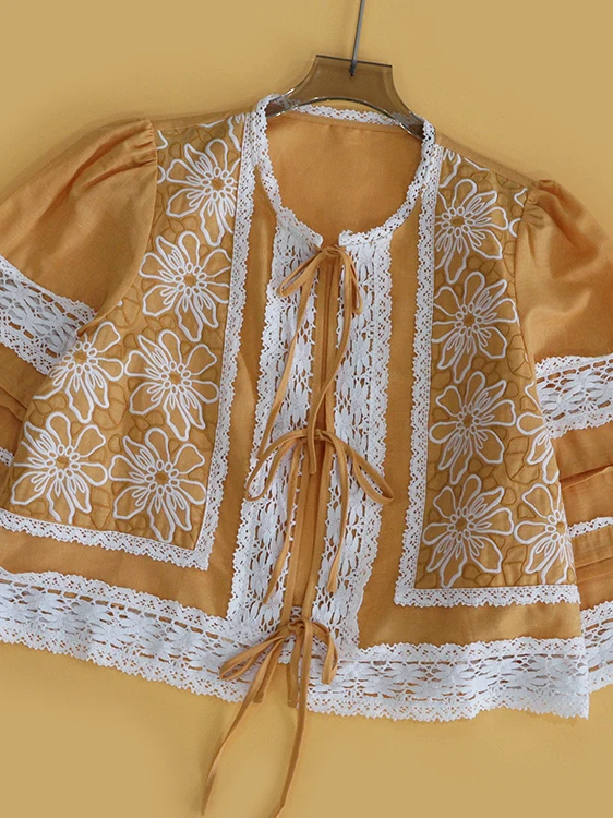 

HEIDD ort irt Embroidered Knot Tie Cotton Blend Breathable round Ne Plant Floral Design Autumn Faion Ladies...