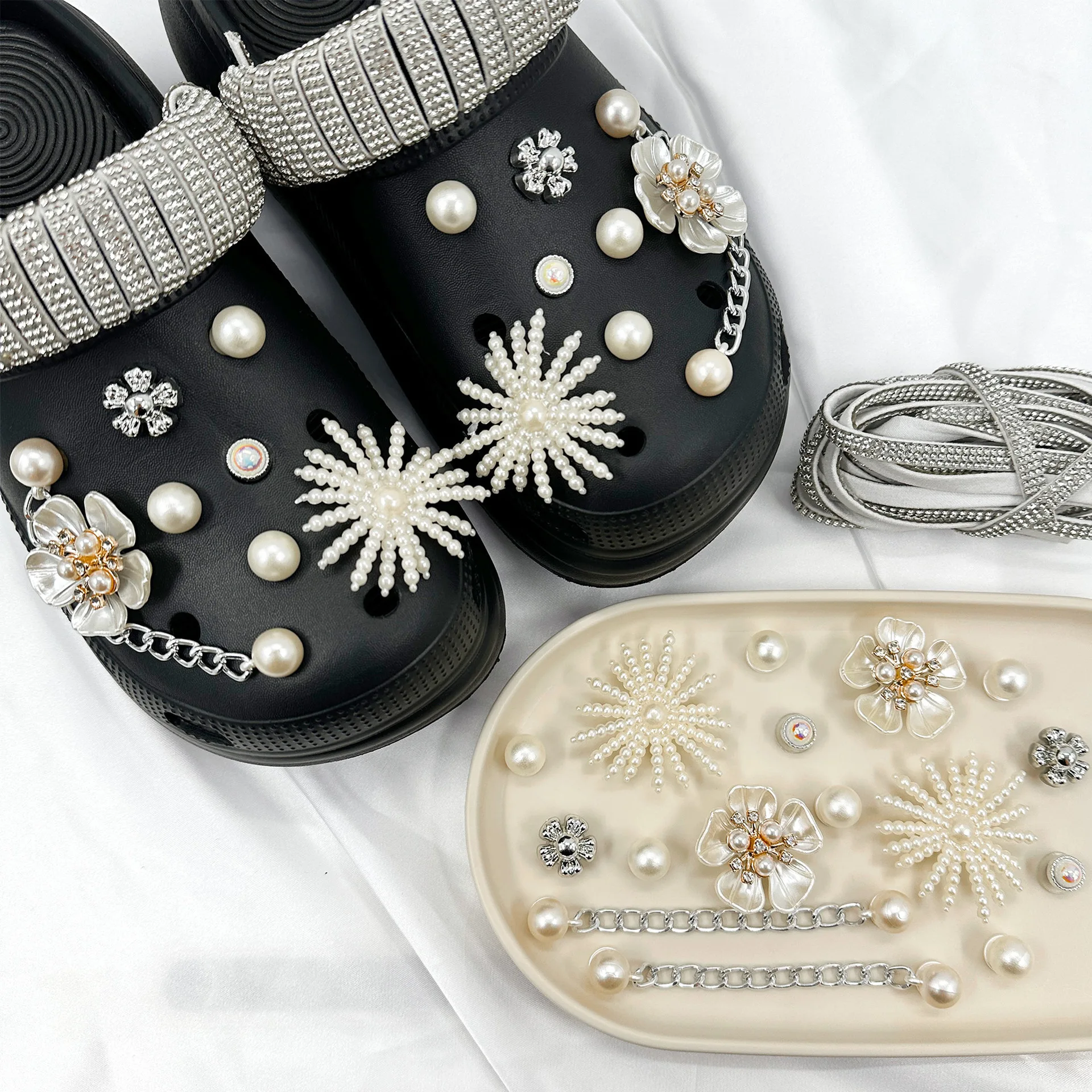 17pc Gold Flower Rhinestone Pearl Chain Shoe Accessory DIY Detachable Hole Shoe Flower for Fashionable Footwear Modification