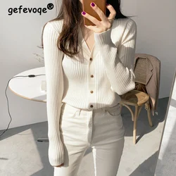 Autumn Winter Clothes Elegant V-Neck Slim Button Knitted Cardigan Women Korean Simple Black White All-Match Basic Ladies Sweater