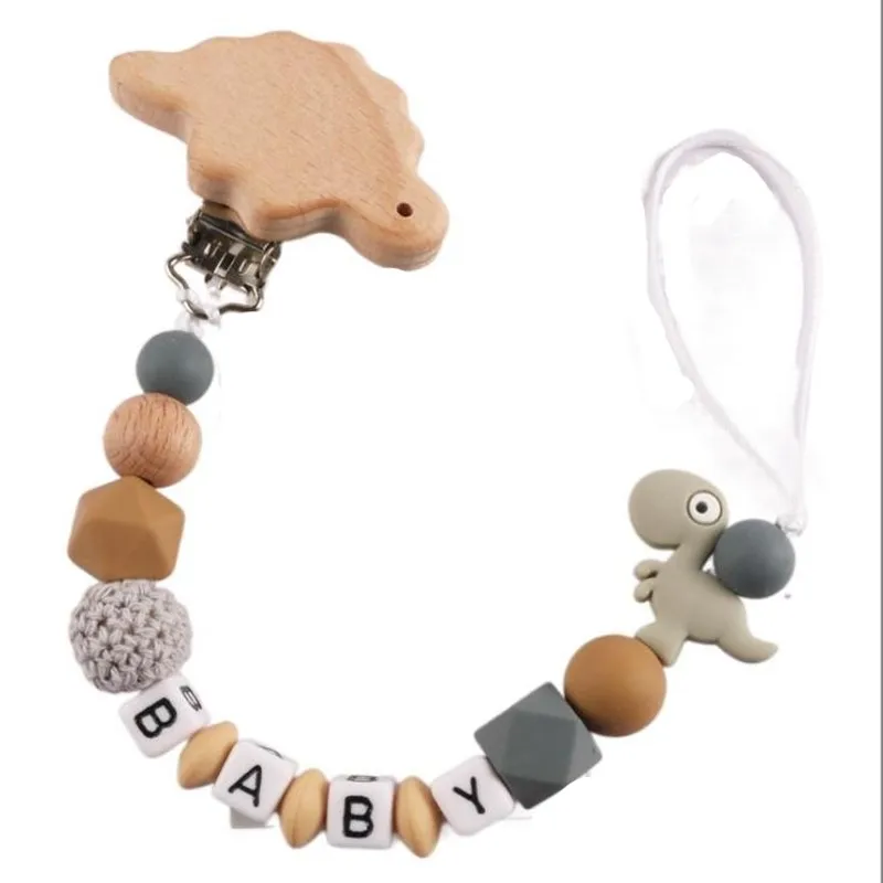 

Personalized Name Handmade Silicone Baby Beech Dummy Pacifier Clip Dinosaur Safe Teething Teether Pacifier Chains Holder Gift