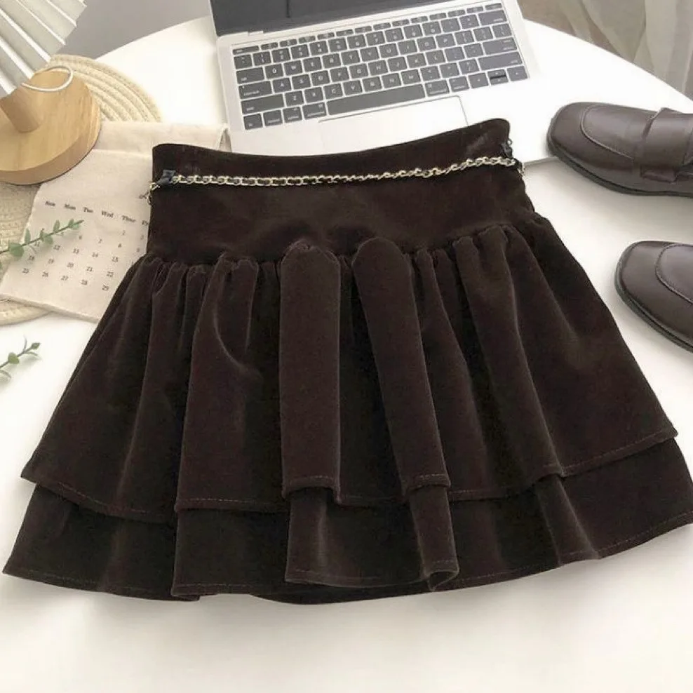 التنانير الفتيات الخريف الربيع جديد مرونة الخصر تنورة عالية الخصر المخملية تكدرت حافة قصيرة ملابس الأطفال خمر #6