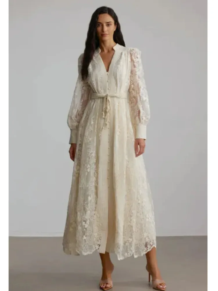 DFDG Damesjurk voor lente/zomer, V-hals, kant, pofmouwen, strik voor, maxi-jurk, casual, vakantie, date, 2026, trendy, vrouwelijke modejurk - afbeelding 2