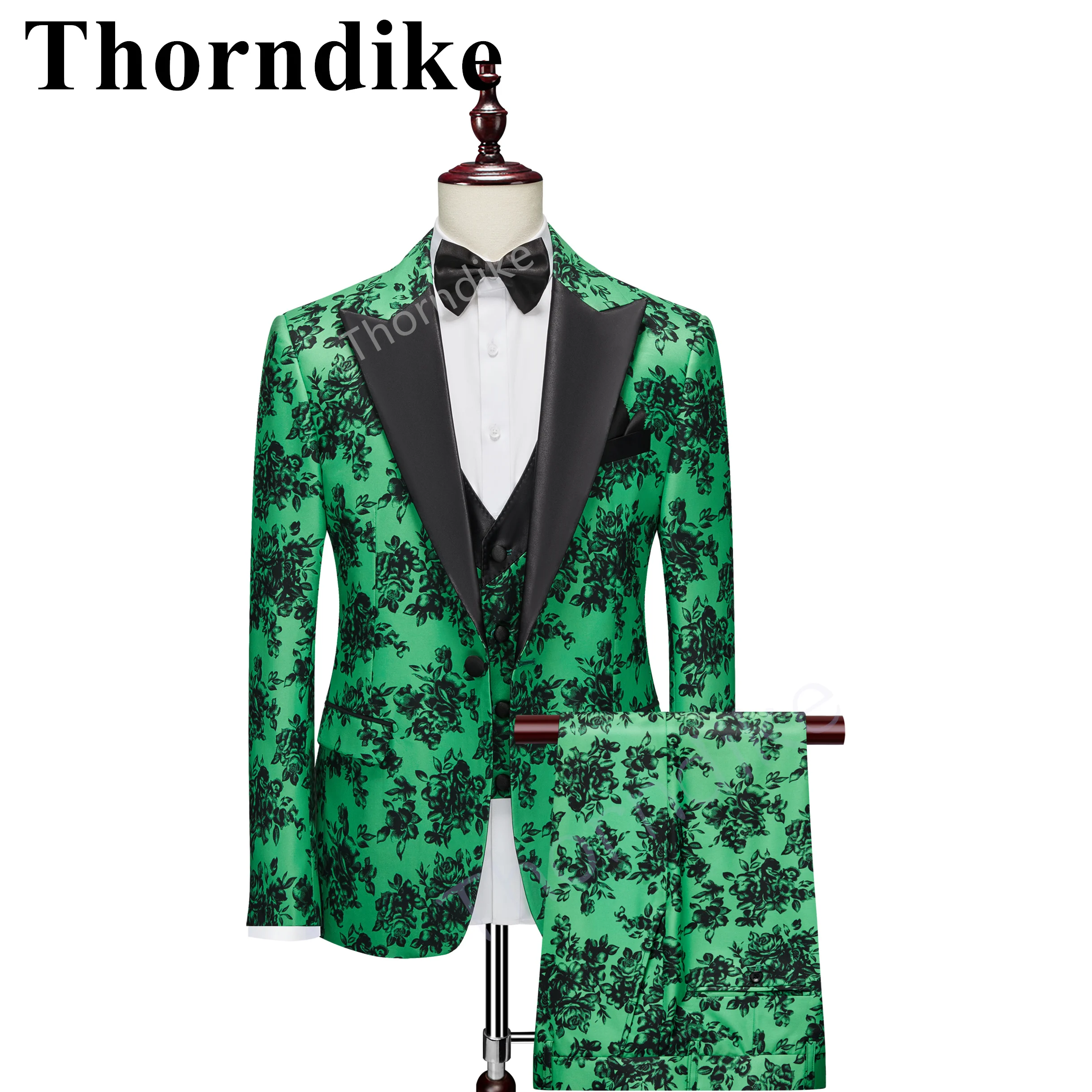 Thorndike New Men\'s Green Fashion Jacquard Special Fabric Suit Custom Groom Suit Wedding Tuxedo Elegant 3 Piece Set