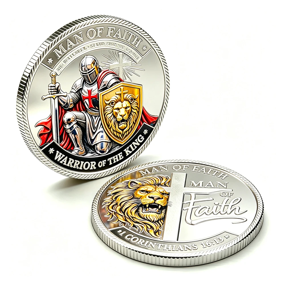 Pièce de collection religieuse chrétienne Chevalier Templier Argenté, Lion de Juda, Homme de Foi, Cadeau pour Hommes Chrétiens