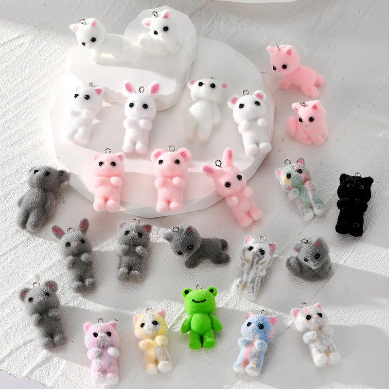 30pcs Many Fluffy Animal Resin Charms Bulk Wholesale Cat Mouse Bear Fox Rabbit Pendant Diy For Keychain Jewelry Make