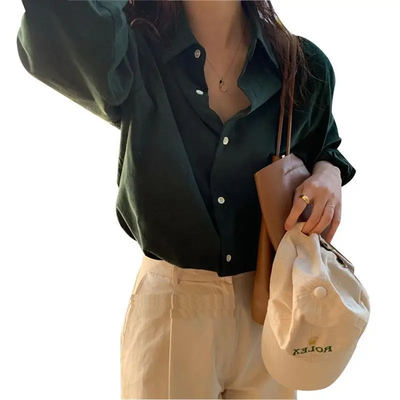 Spring Autumn Woman Clothes Long Sleeve Chic Pure HongKong Retro Style Polo-neck Casual Elegant Fashion Office Lady Simplicity